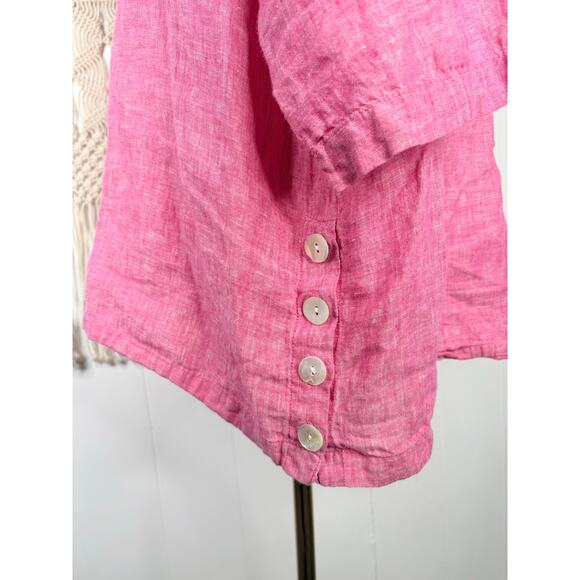 Tahari 100% Linen Tunic Top Plus Size 1X Pink Side Button Hem 3/4 Sleeve - Picture 5 of 9